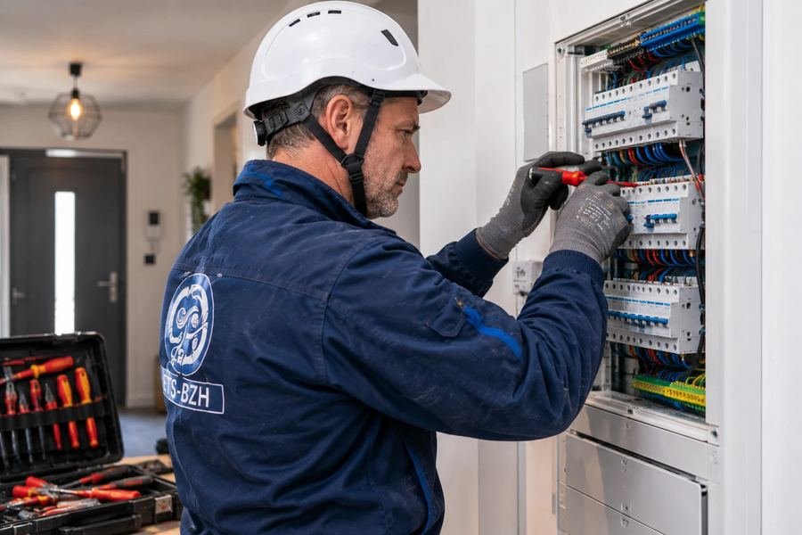Électricien ETS-BZH sur un tableau électrique